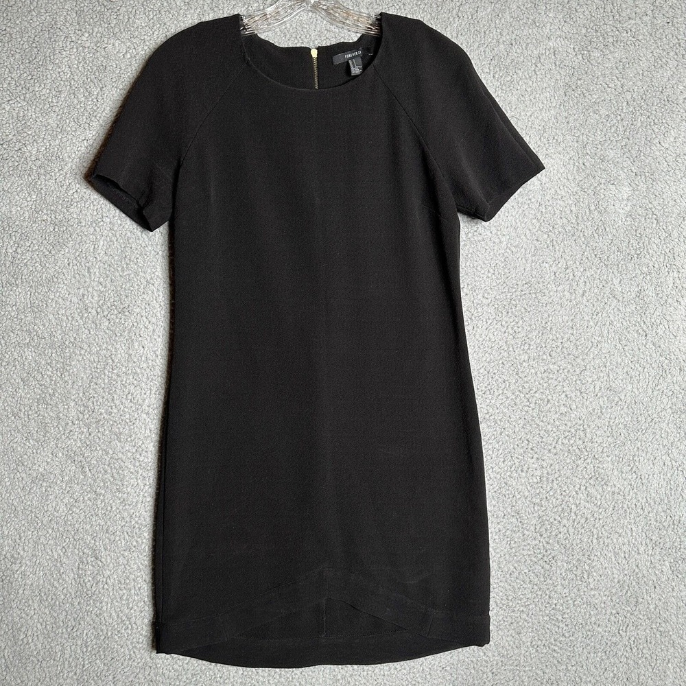 Forever 21 Shift Dress Women Size S Black Short Sleeve Tulip Hem Minimal‎ Basic